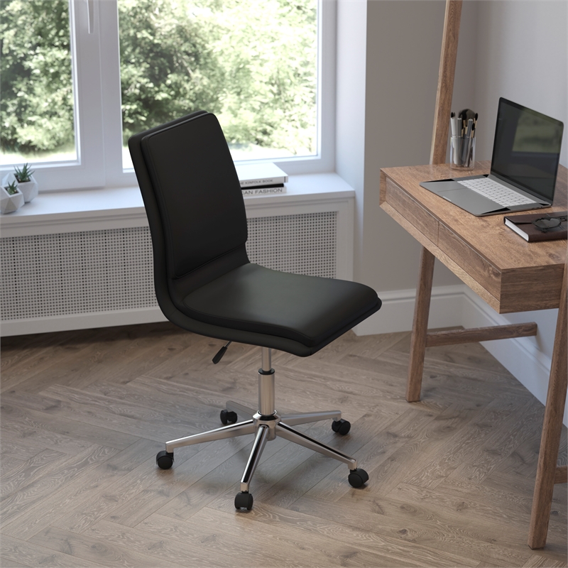 Mid-Back Armless Office Task Chair with Chrome 5-Star Base in Black LeatherSoft