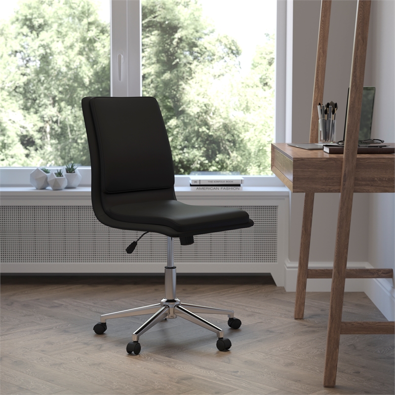 Mid-Back Armless Office Task Chair with Chrome 5-Star Base in Black LeatherSoft