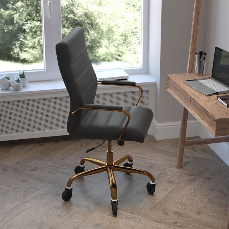 Executive Chair with Gold Frame & Arms on Skate Wheels - Black LeatherSoft