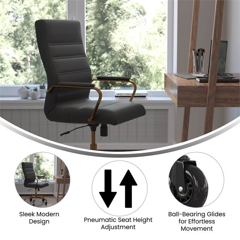 Executive Chair with Gold Frame & Arms on Skate Wheels - Black LeatherSoft