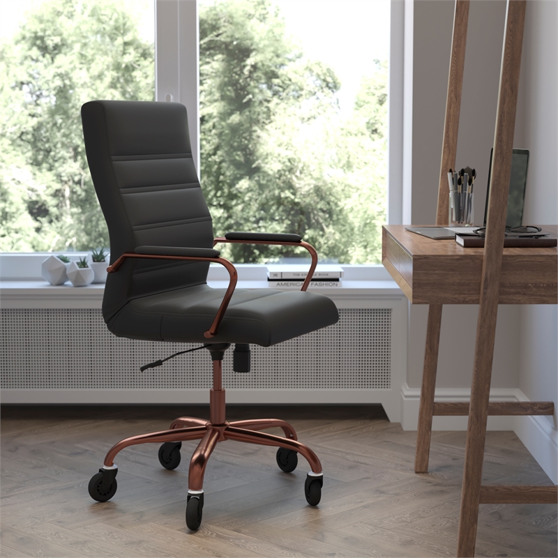 Executive Chair with Rose Gold Frame & Arms on Skate Wheels - Black LeatherSoft