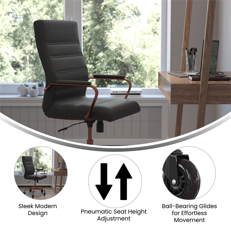 Executive Chair with Rose Gold Frame & Arms on Skate Wheels - Black LeatherSoft