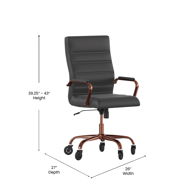 Executive Chair with Rose Gold Frame & Arms on Skate Wheels - Black LeatherSoft