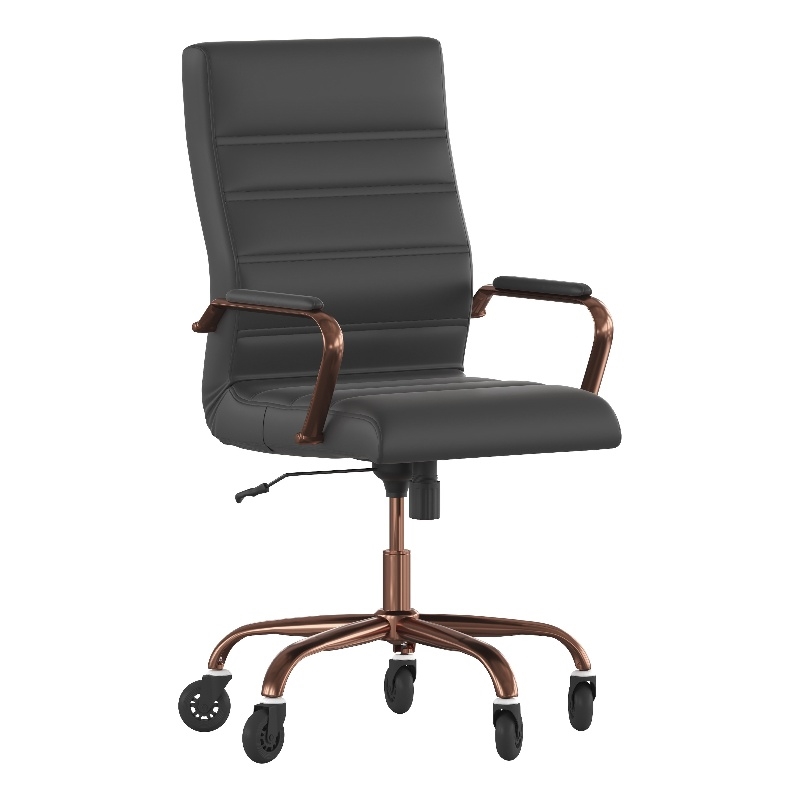 Executive Chair with Rose Gold Frame & Arms on Skate Wheels - Black LeatherSoft