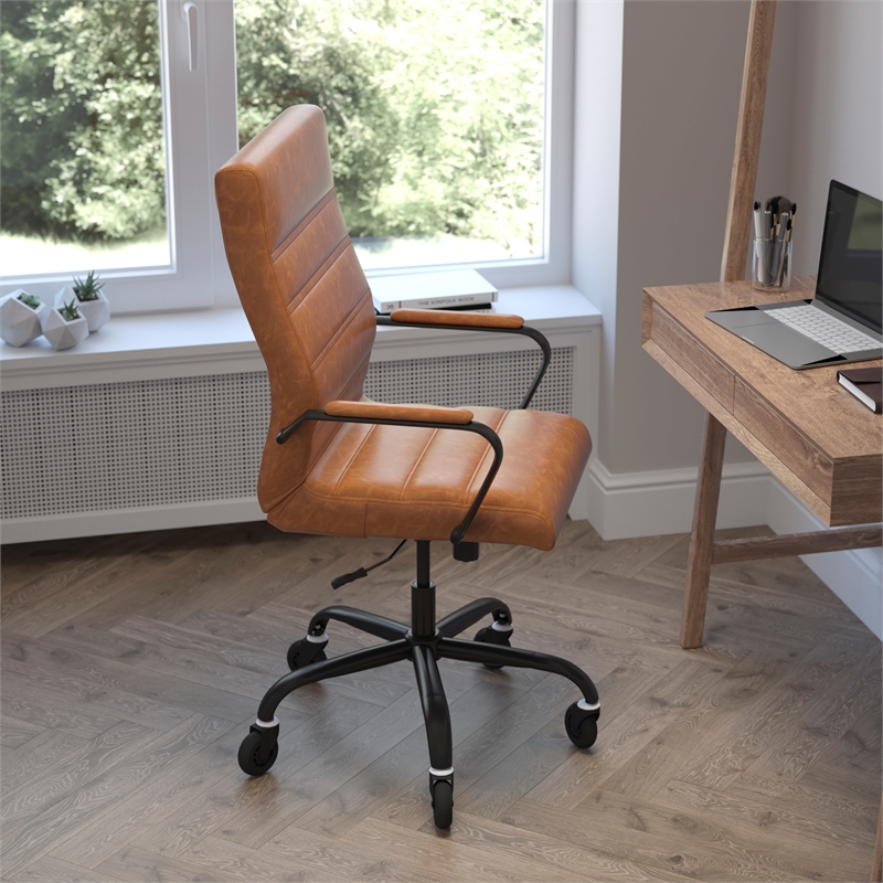 Executive Chair with Black Frame & Arms on Skate Wheels - Brown LeatherSoft