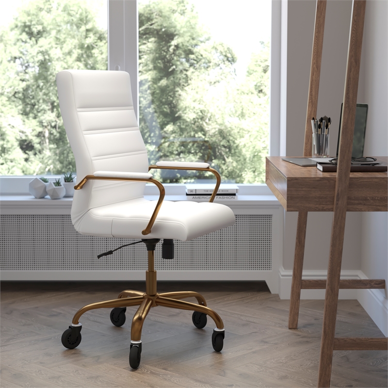 Executive Chair with Gold Frame & Arms on Skate Wheels - White LeatherSoft