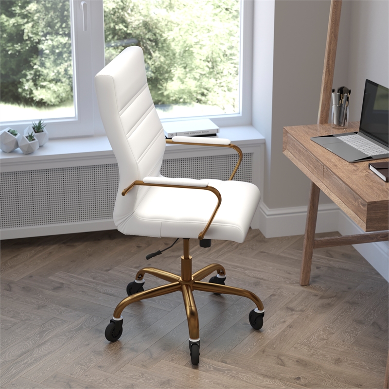 Executive Chair with Gold Frame & Arms on Skate Wheels - White LeatherSoft