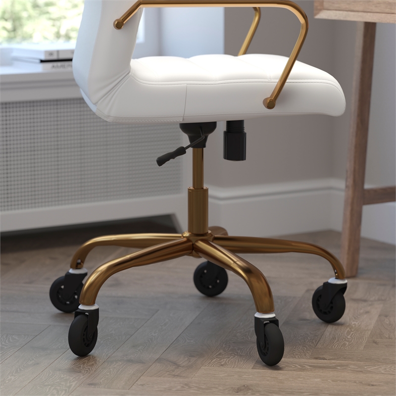 Executive Chair with Gold Frame & Arms on Skate Wheels - White LeatherSoft