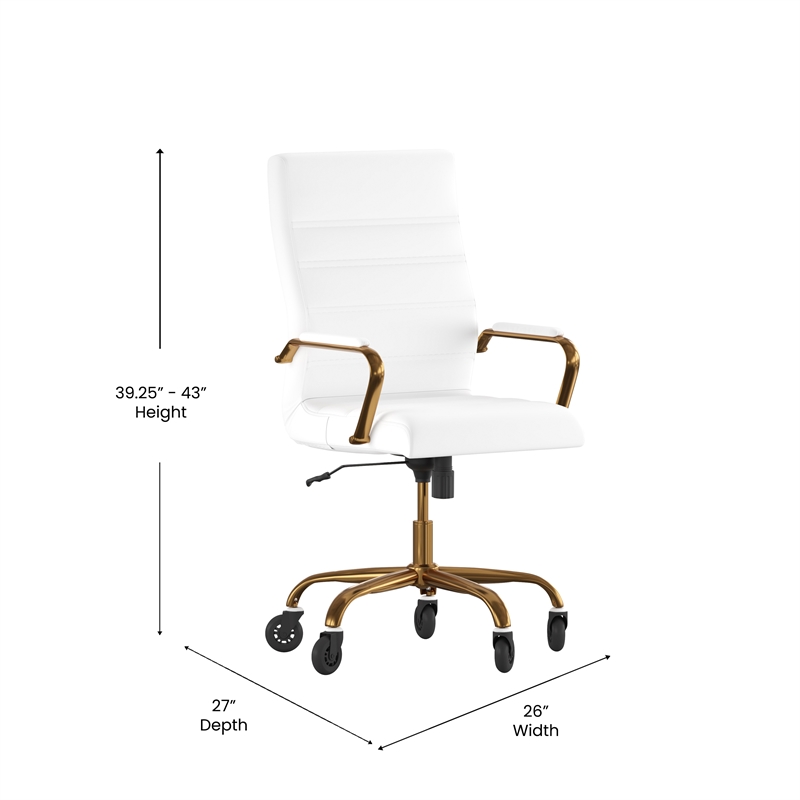 Executive Chair with Gold Frame & Arms on Skate Wheels - White LeatherSoft