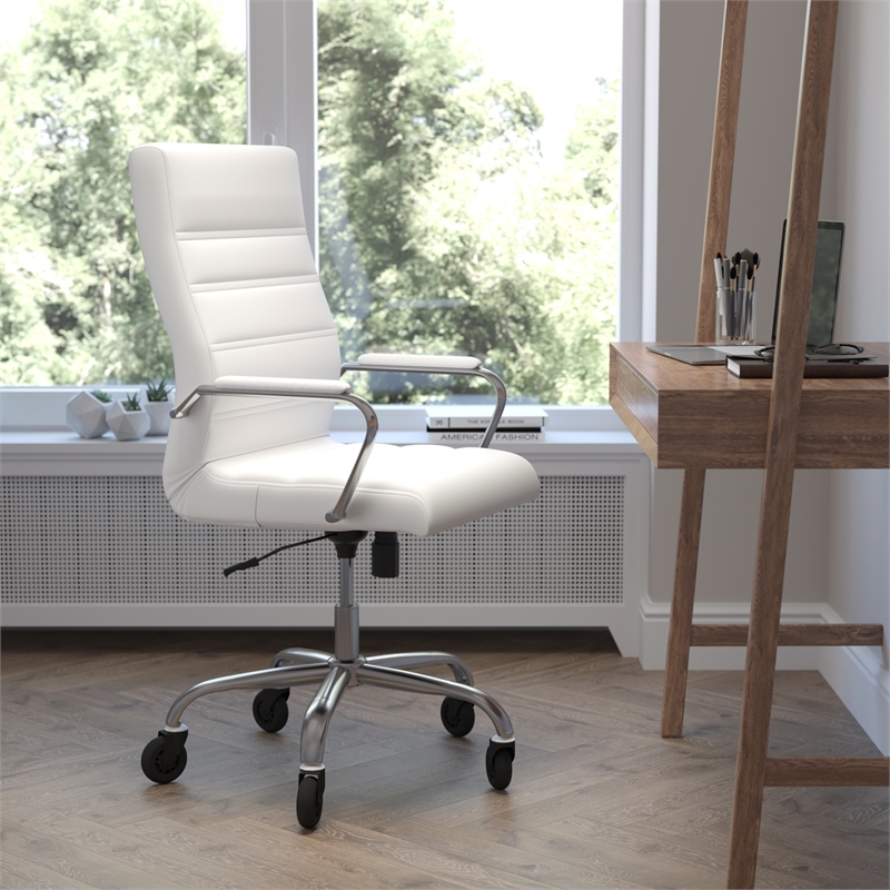 Executive Chair with Chrome Frame & Arms on Skate Wheels - White LeatherSoft