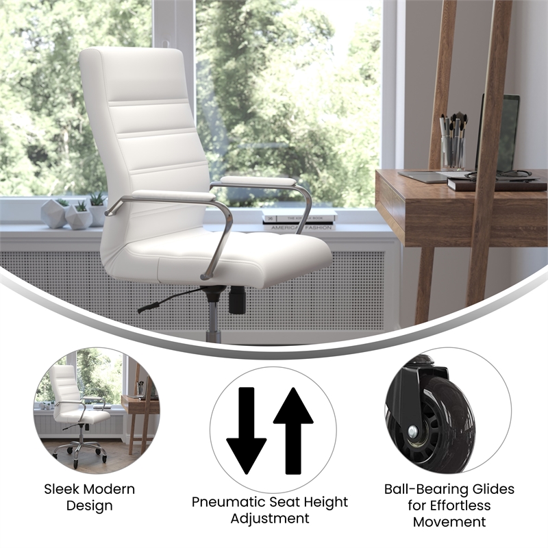 Executive Chair with Chrome Frame & Arms on Skate Wheels - White LeatherSoft