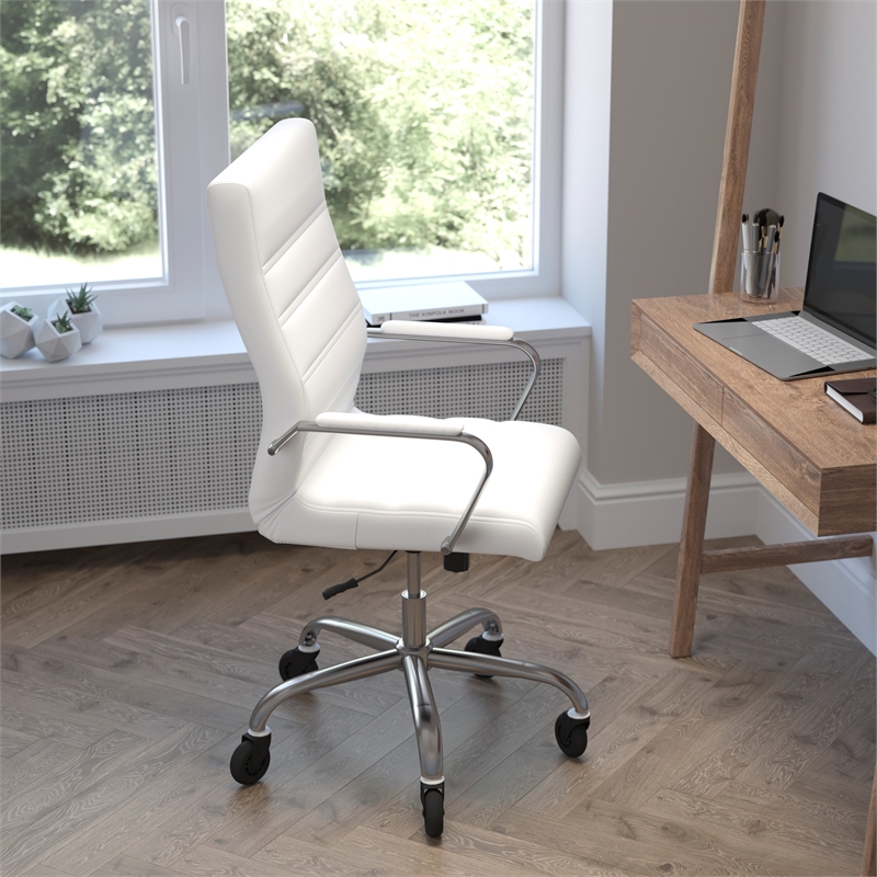 Executive Chair with Chrome Frame & Arms on Skate Wheels - White LeatherSoft