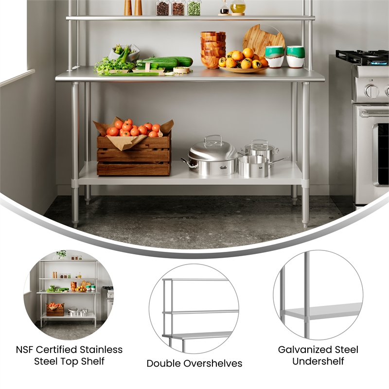 Commercial Stainless Steel Work Table with 2 Overshelves and 1 Undershef-24x60