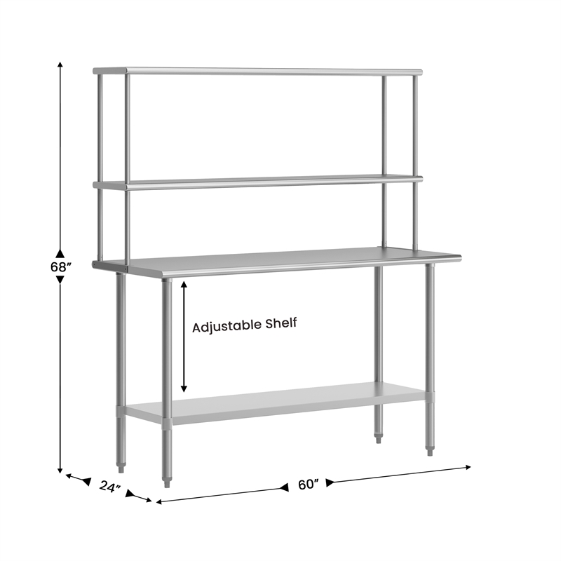 Commercial Stainless Steel Work Table with 2 Overshelves and 1 Undershef-24x60