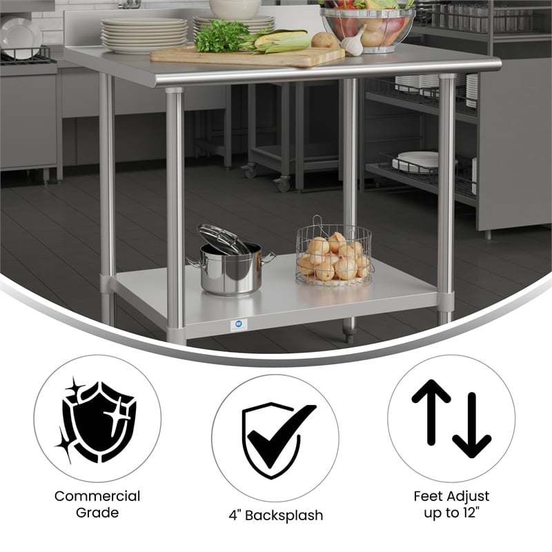 Commercial Stainless Steel Kitchen Prep and Work Table with Shelf and Backsplash