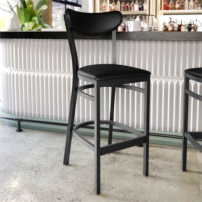 Commercial Metal Barstool with Vinyl Seat and Boomerang Back-Black Finish