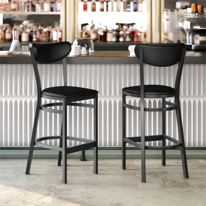 Commercial Metal Barstool with Vinyl Seat and Boomerang Back-Black Finish