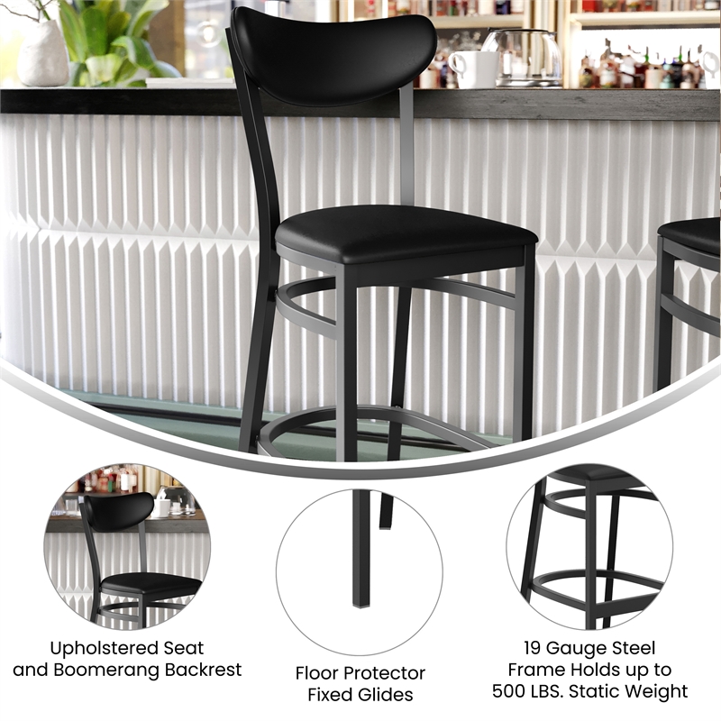 Commercial Metal Barstool with Vinyl Seat and Boomerang Back-Black Finish