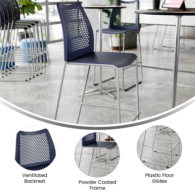 Stackable Sled Base Barstool with Vented Back and Integrated Footrest in Navy