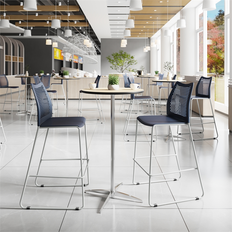 Stackable Sled Base Barstool with Vented Back and Integrated Footrest in Navy