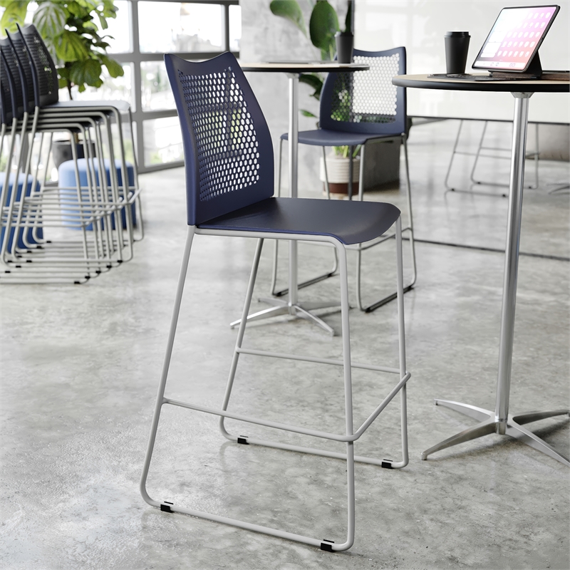 Stackable Sled Base Barstool with Vented Back and Integrated Footrest in Navy