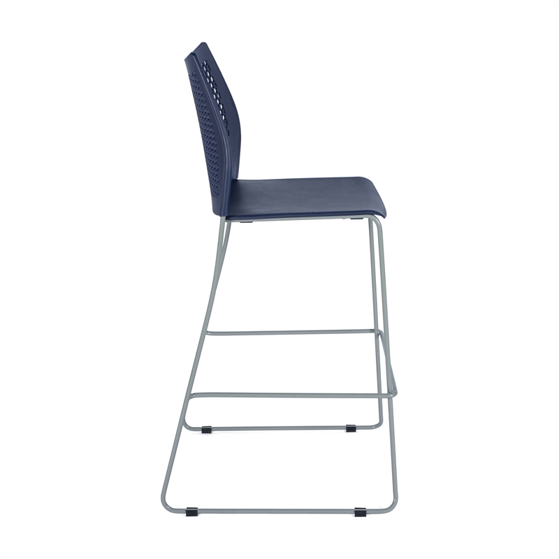 Stackable Sled Base Barstool with Vented Back and Integrated Footrest in Navy