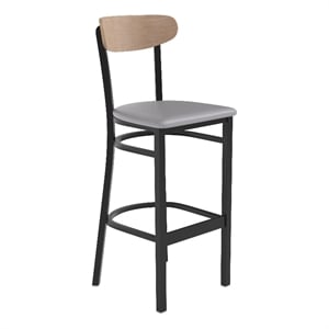 Commercial Metal Barstool with Vinyl Seat and Wood Boomerang Back-Gray/Natural