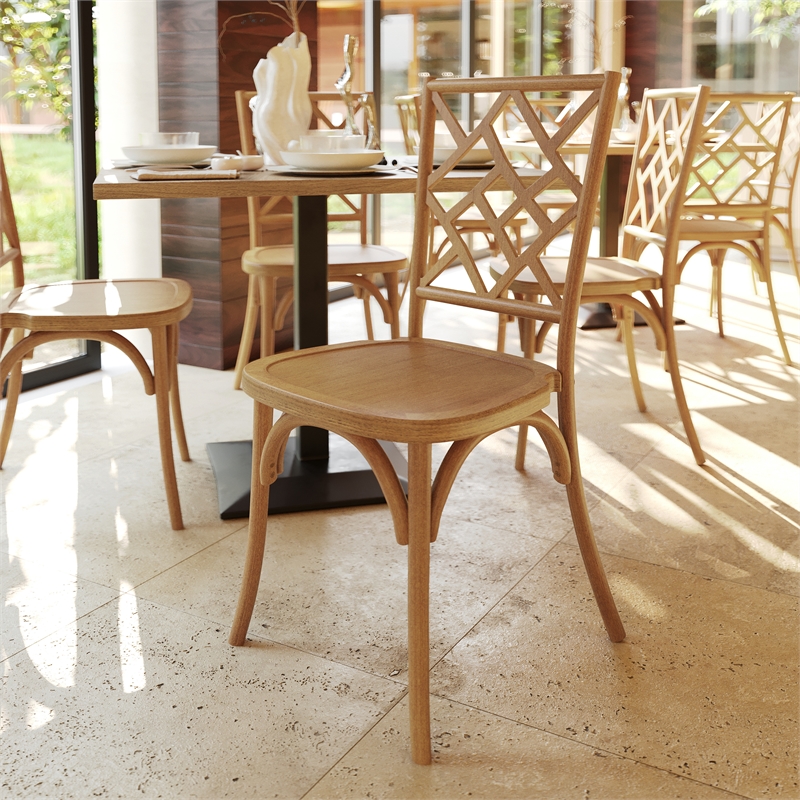 Commercial Solid Wood Stackable Dining Chair with Intricate Back Detail in Pecan
