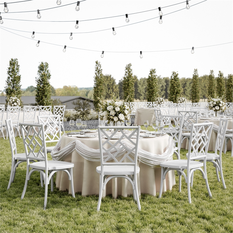 Commercial Solid Wood Stackable Dining Chair with Intricate Back Detail in White