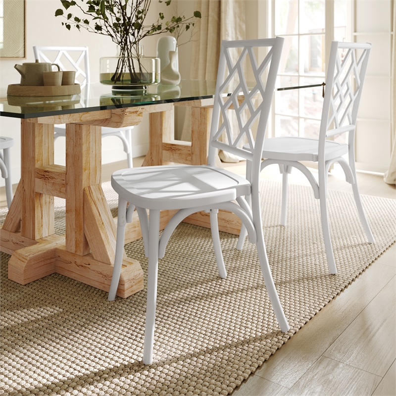 Commercial Solid Wood Stackable Dining Chair with Intricate Back Detail in White