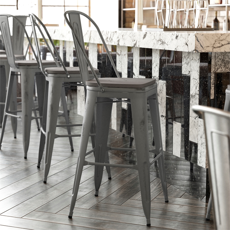 Indoor Bar Stool with Poly Resin Colorful Seat-Silver Antique Clear Coat/Gray