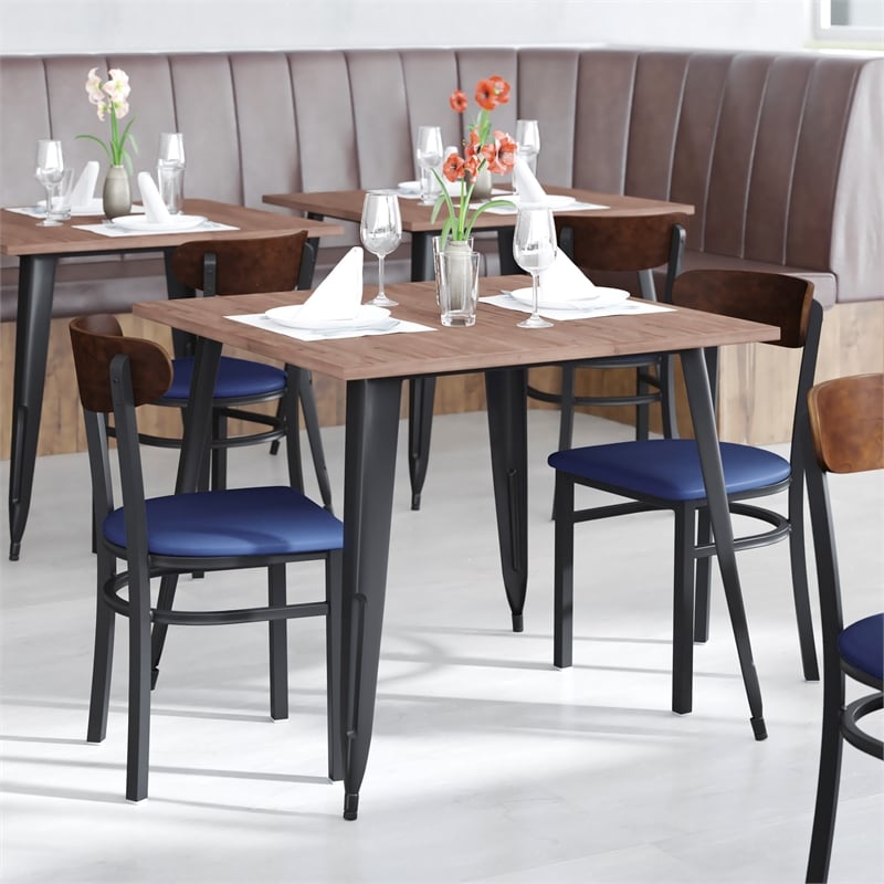 Commercial Metal Dining Chair - Vinyl Seat and Wood Boomerang Back-Blue/Walnut