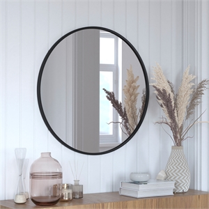 Wall Mount 30 Inch Shatterproof Round Accent Wall Mirror with Black Metal Frame