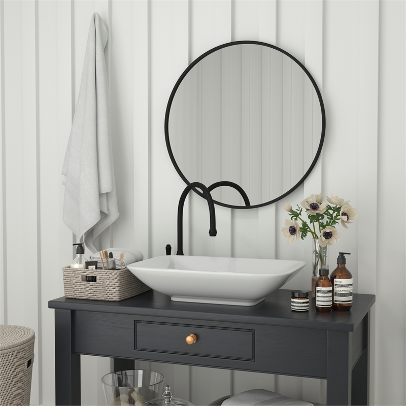 Wall Mount 30 Inch Shatterproof Round Accent Wall Mirror with Black Metal Frame