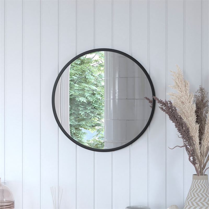 Wall Mount 20 Inch Shatterproof Round Accent Wall Mirror with Black Metal Frame