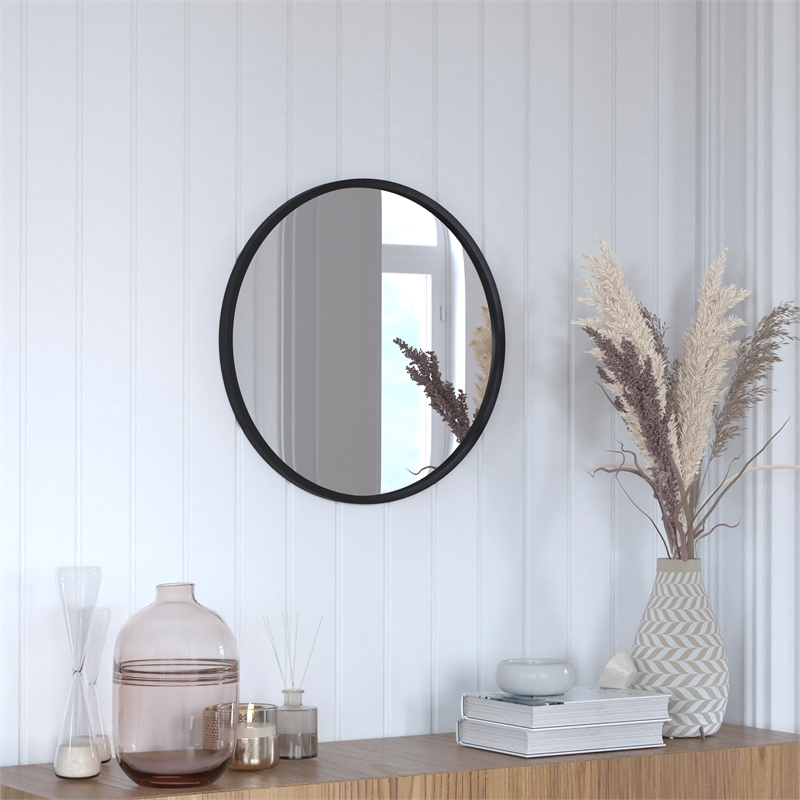 Wall Mount 20 Inch Shatterproof Round Accent Wall Mirror with Black Metal Frame
