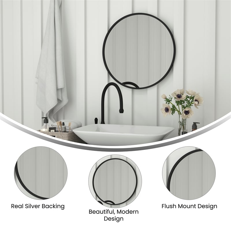 Wall Mount 24 Inch Shatterproof Round Accent Wall Mirror with Black Metal Frame