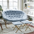 Double Folding Faux Fur Saucer Chair with 2 Ottomans - Dusty Aqua/Soft Gold