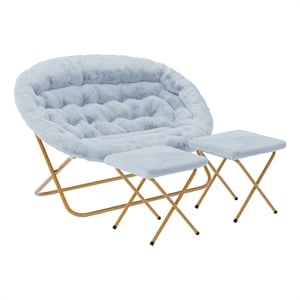 Double Folding Faux Fur Saucer Chair with 2 Ottomans - Dusty Aqua/Soft Gold