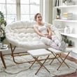 Double Folding Faux Shearling Saucer Chair with 2 Ottomans - Ivory/Soft Gold