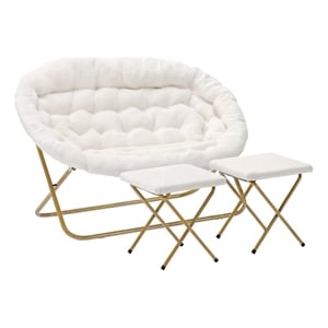 Double Folding Faux Shearling Saucer Chair with 2 Ottomans - Ivory/Soft Gold