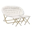 Double Folding Faux Shearling Saucer Chair with 2 Ottomans - Ivory/Soft Gold