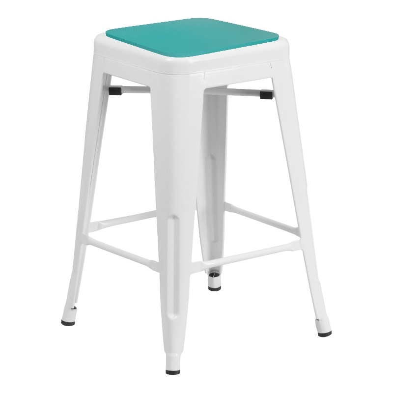 Indoor/Outdoor Backless Counter Stool with Poly Seat - White/Mint Green