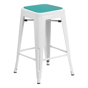 Indoor/Outdoor Backless Counter Stool with Poly Seat - White/Mint Green