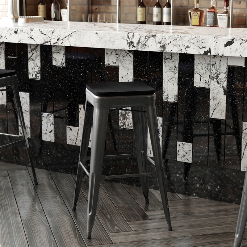 Indoor/Outdoor Backless Bar Stool with Poly Seat - Black/Black