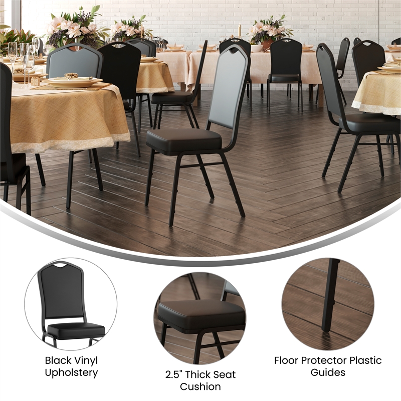 Crown Back Stacking Banquet Chair in Black Vinyl - Black Frame