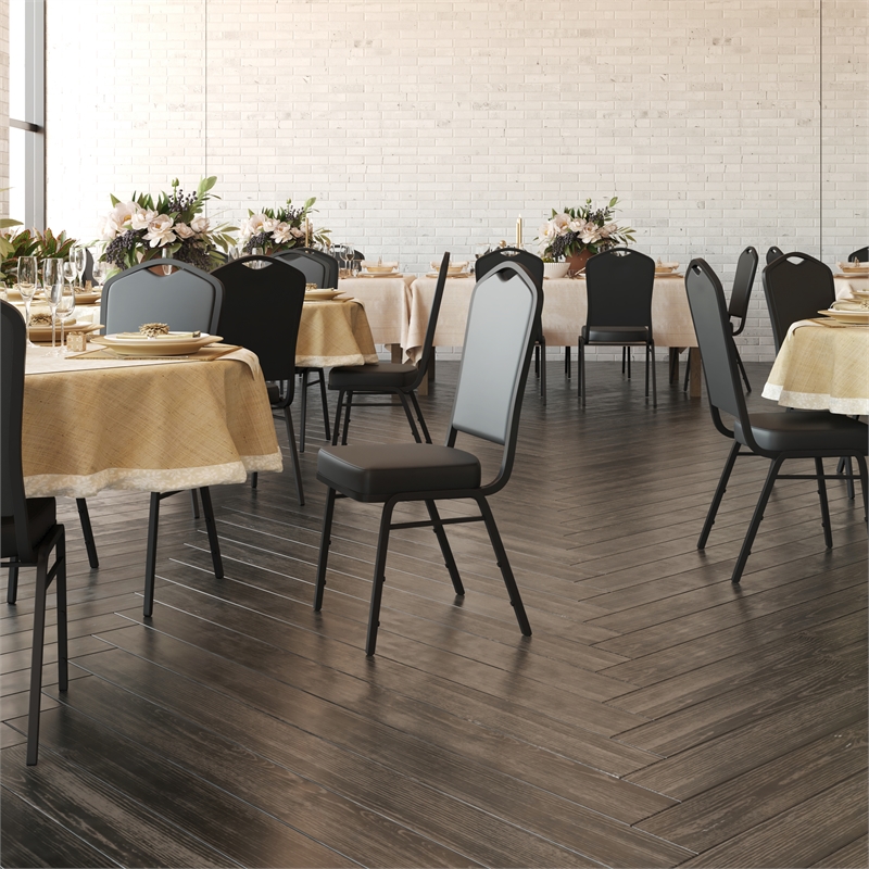 Crown Back Stacking Banquet Chair in Black Vinyl - Black Frame