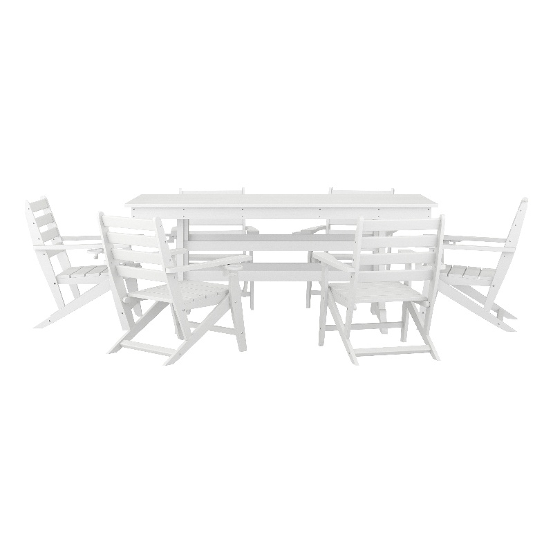 Commercial All Weather Adirondack Table and 6 Chairs with Cupholders in White