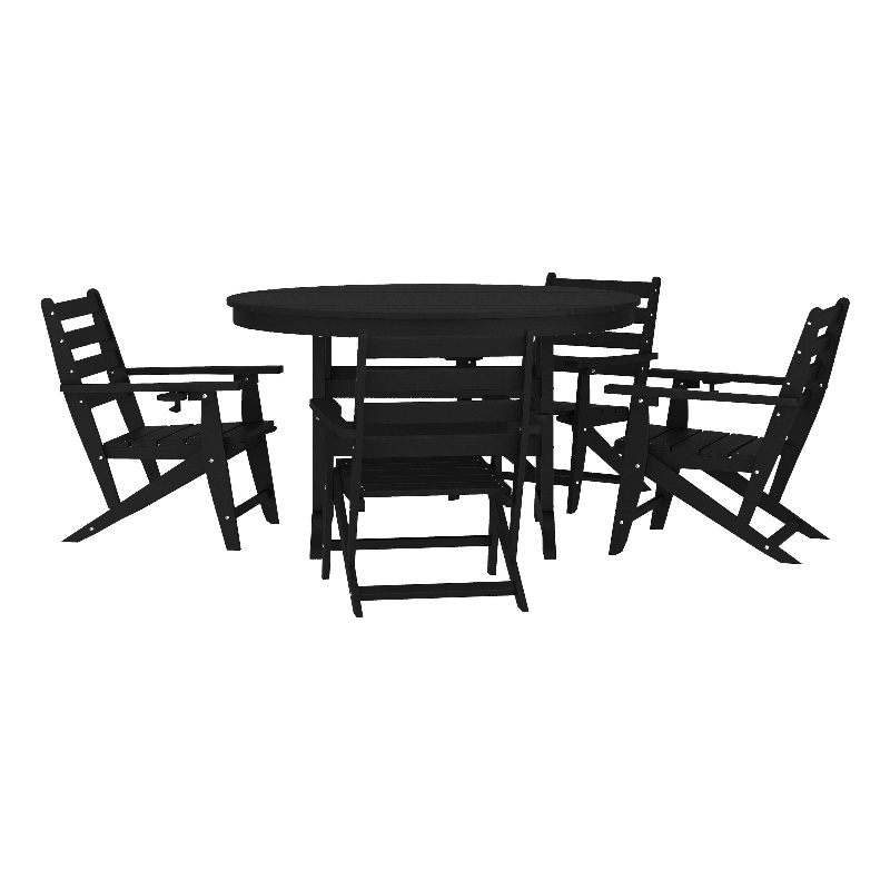 Commercial All Weather Adirondack Table and 4 Chairs with Cupholders in Black