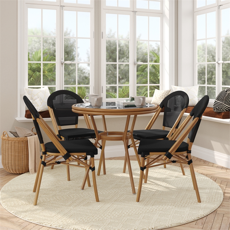 Indoor/Outdoor Commercial Bistro Set with Table and Four Chairs in Black